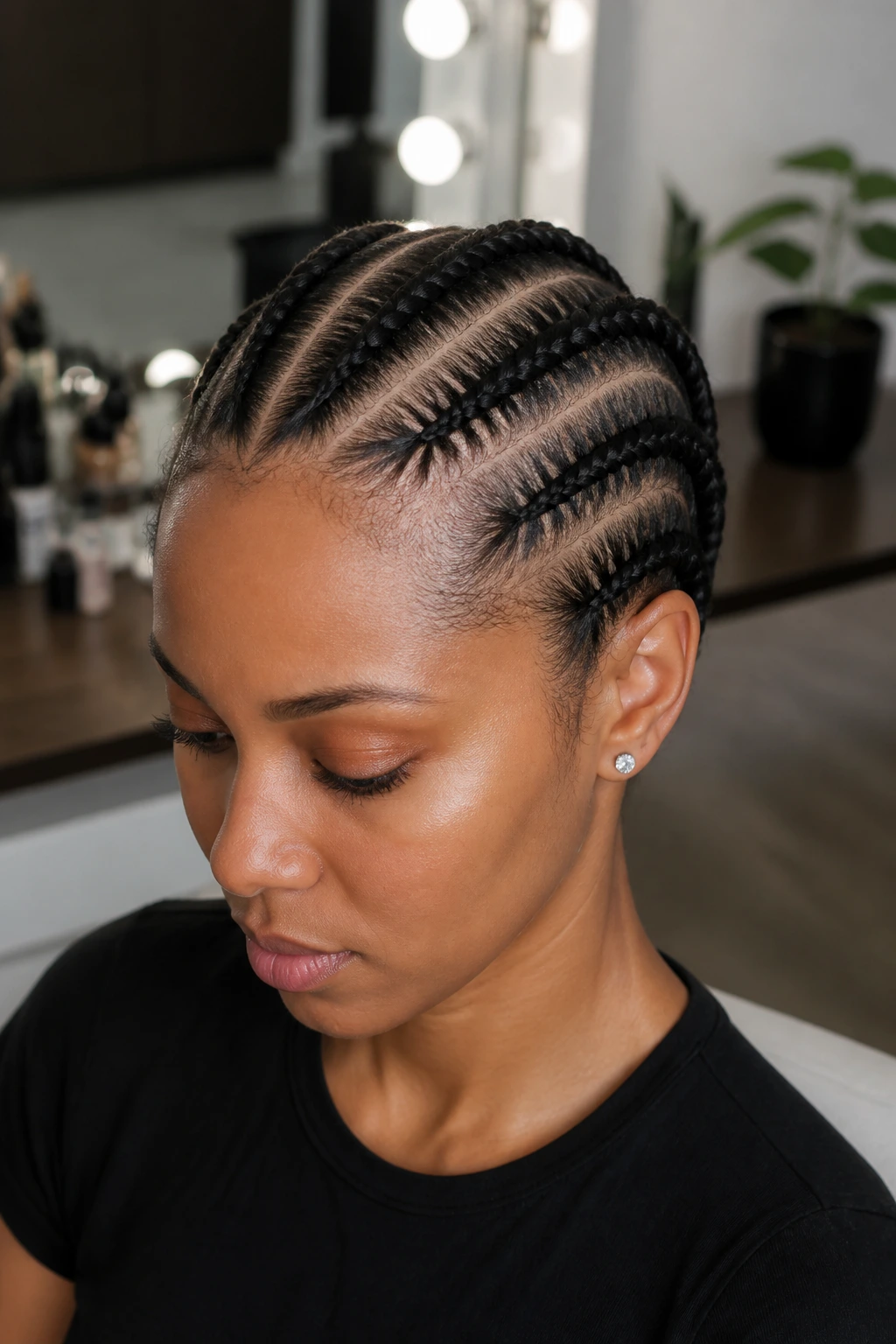 Real person with neat straight-back cornrow-inspired braids on the scalp