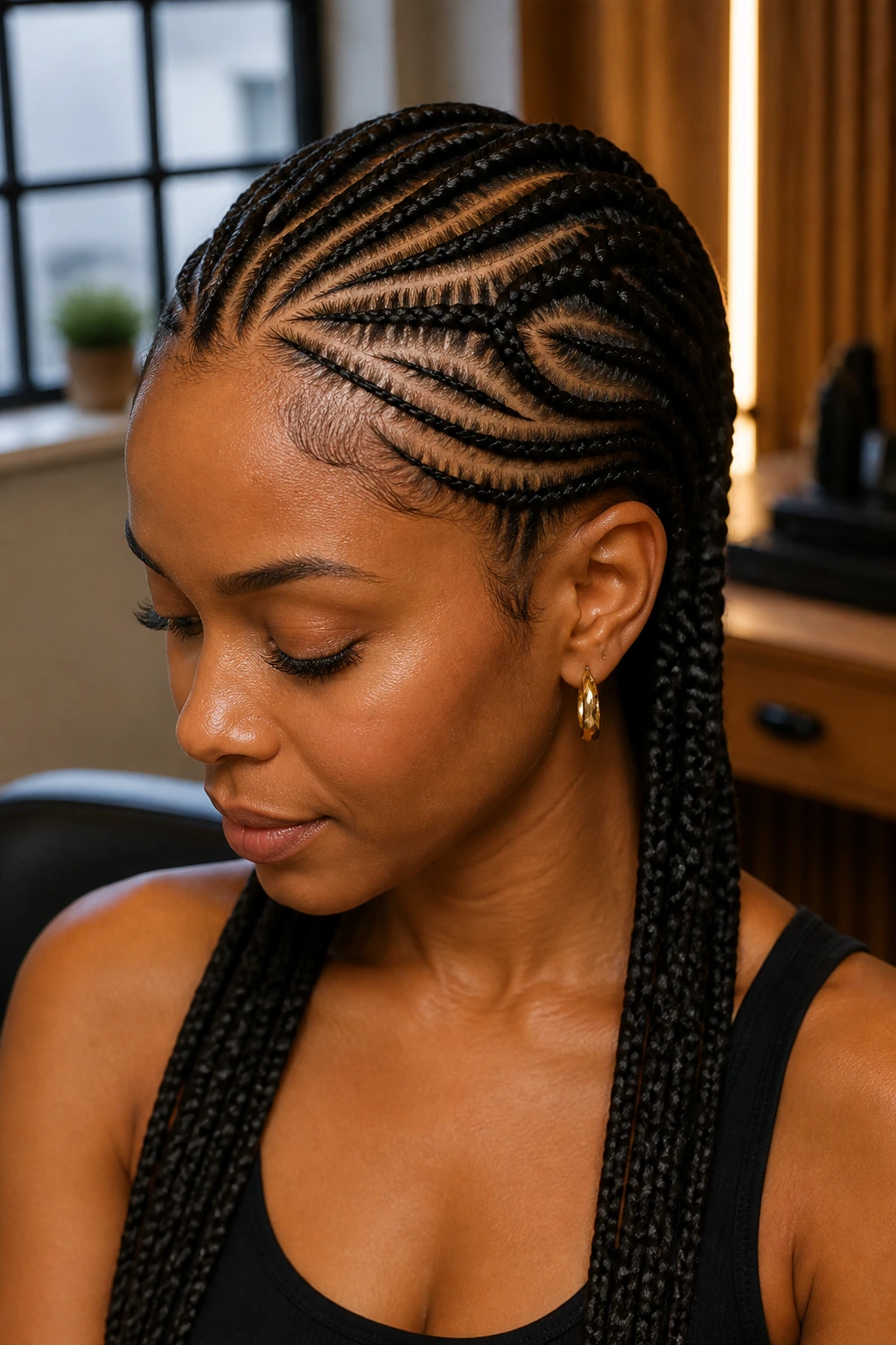 Close-up portrait of a real Black woman with multiple cornrow patterns on the scalp.