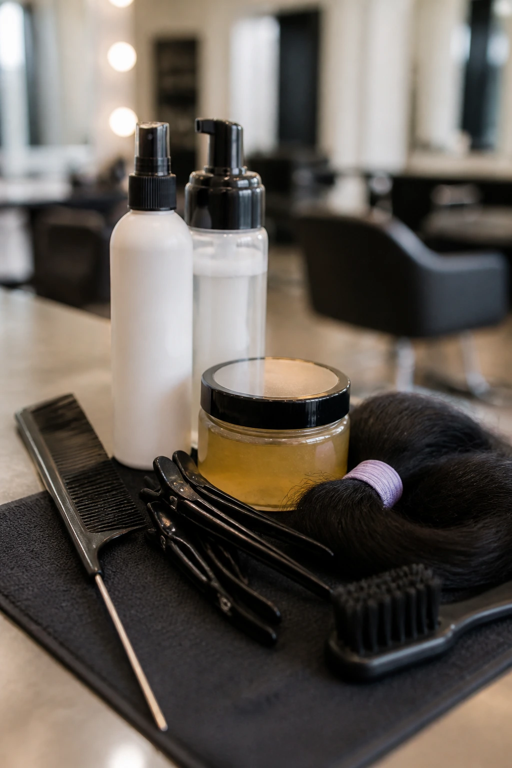 Close-up of essential tools for clean cornrow partings in a salon.
