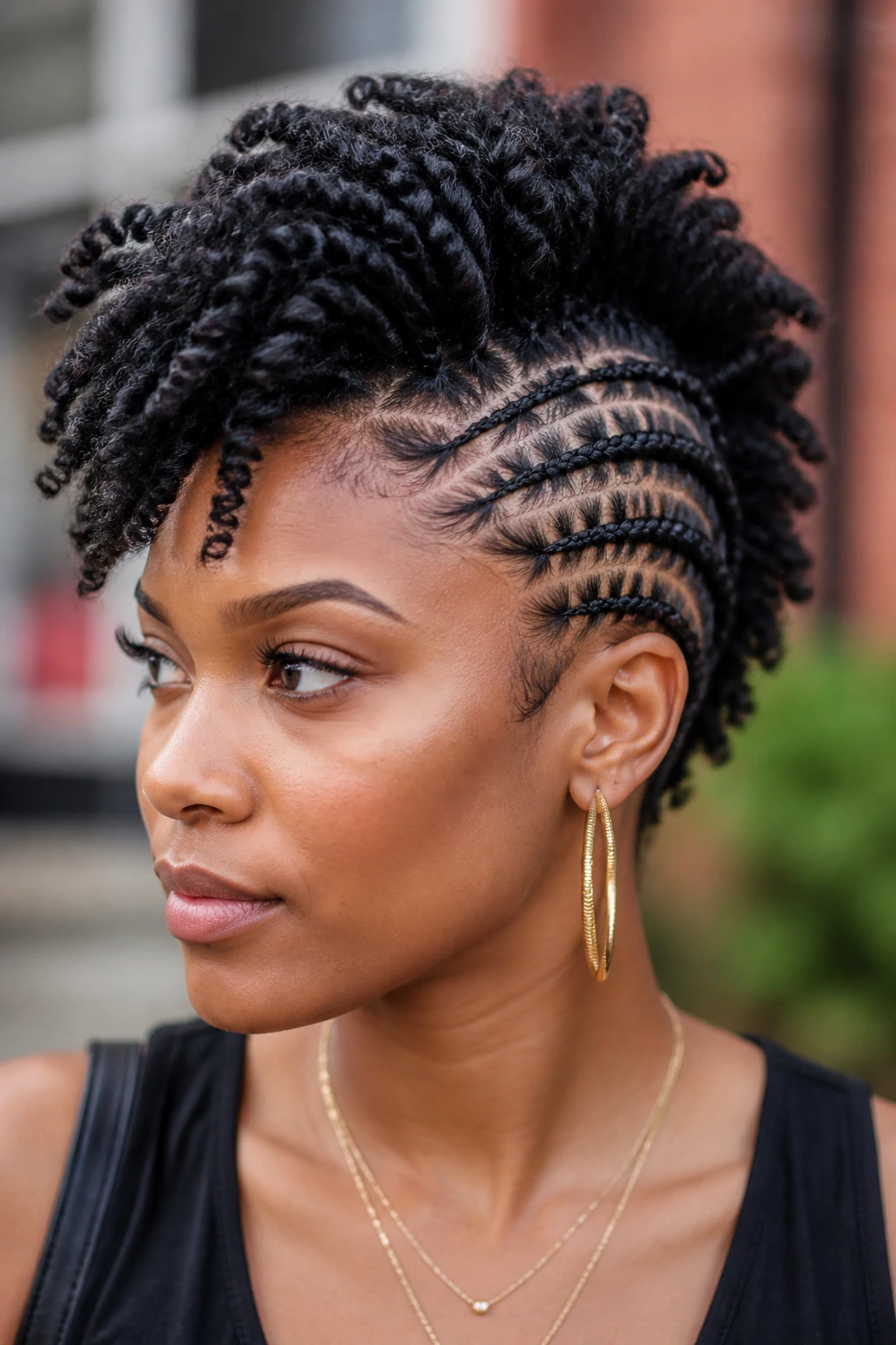 Close-up of a real person with Cornrow and Twist Combo Mohawk hairstyle.