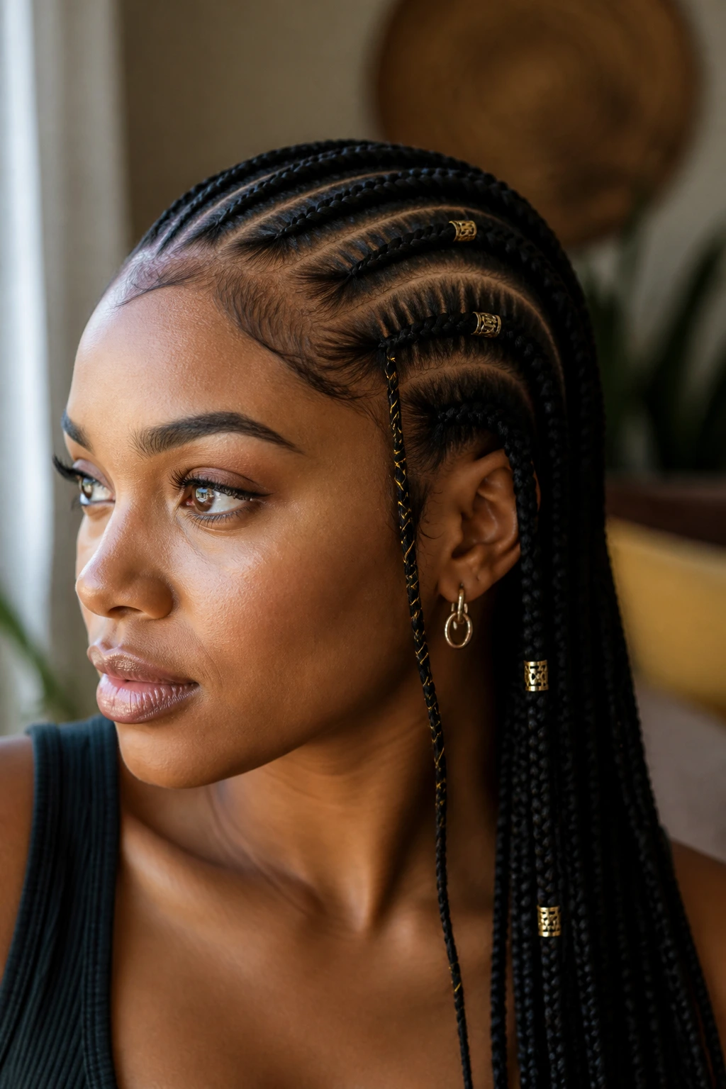 Real woman with cornrows featuring an accent braid and decorative cuffs in a warm indoor setting