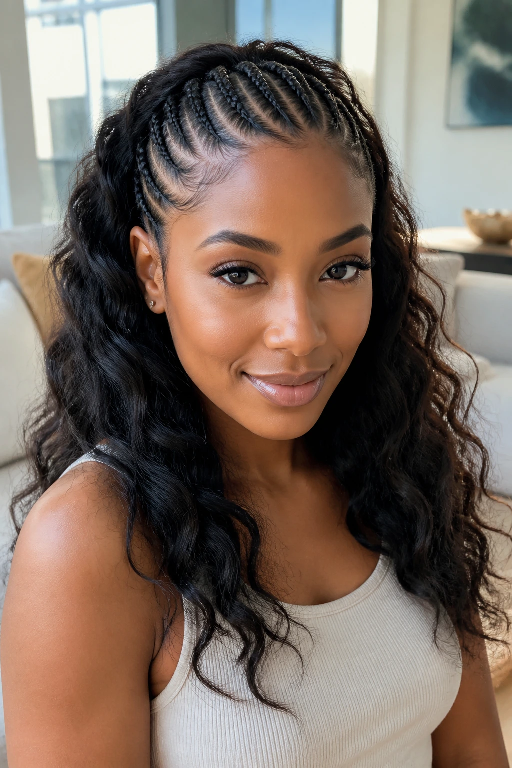 Portrait of a woman with cornrow accents at the hairline and loose waves behind, natural light.