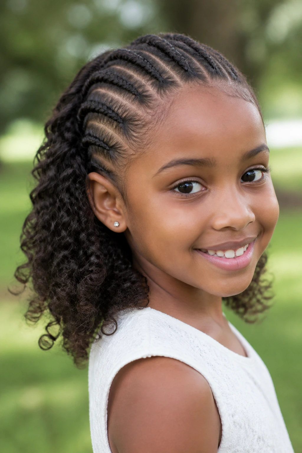 Close-up of a girl with front cornrows and back curls in daylight.