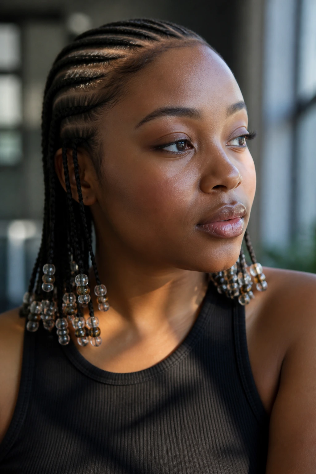 Close-up of a real woman with cornrows ending in beads, bead accents visible.