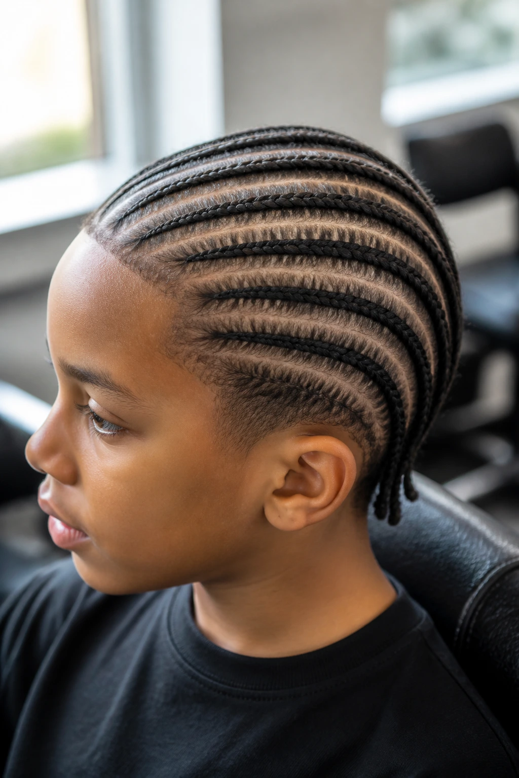 Close-up of a boy's straight-back cornrows from hairline to nape