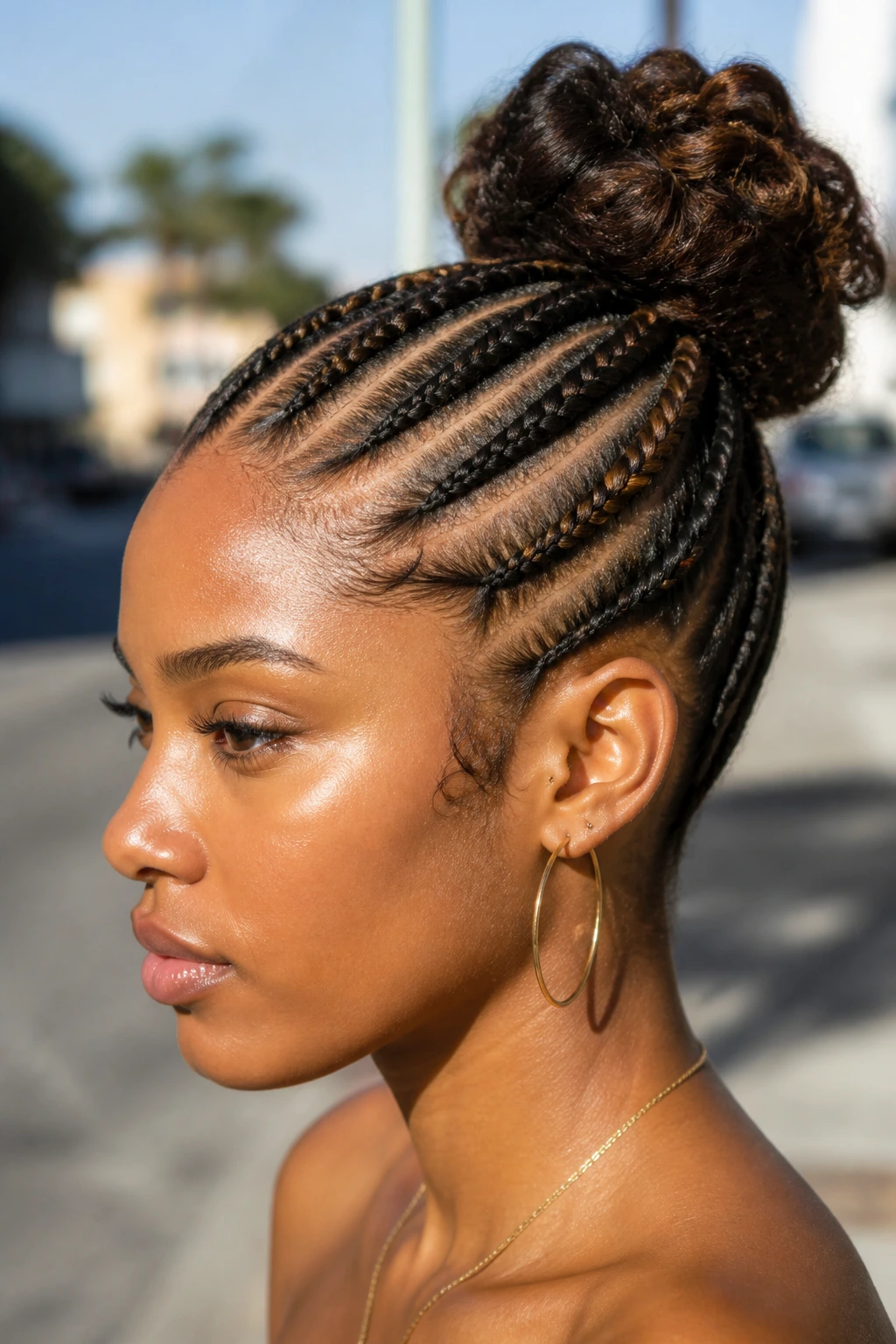 Close-up of cornrow accent braids into a bun on a real person outdoors