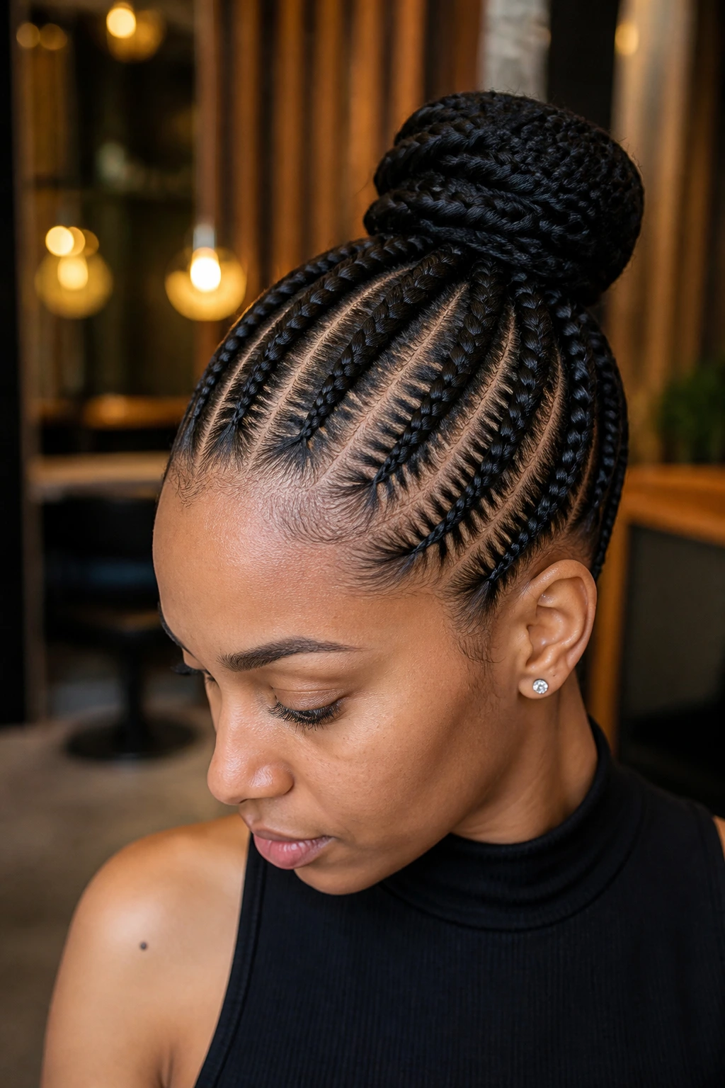 Close-up of a real woman with feed-in cornrows forming a bun at the crown