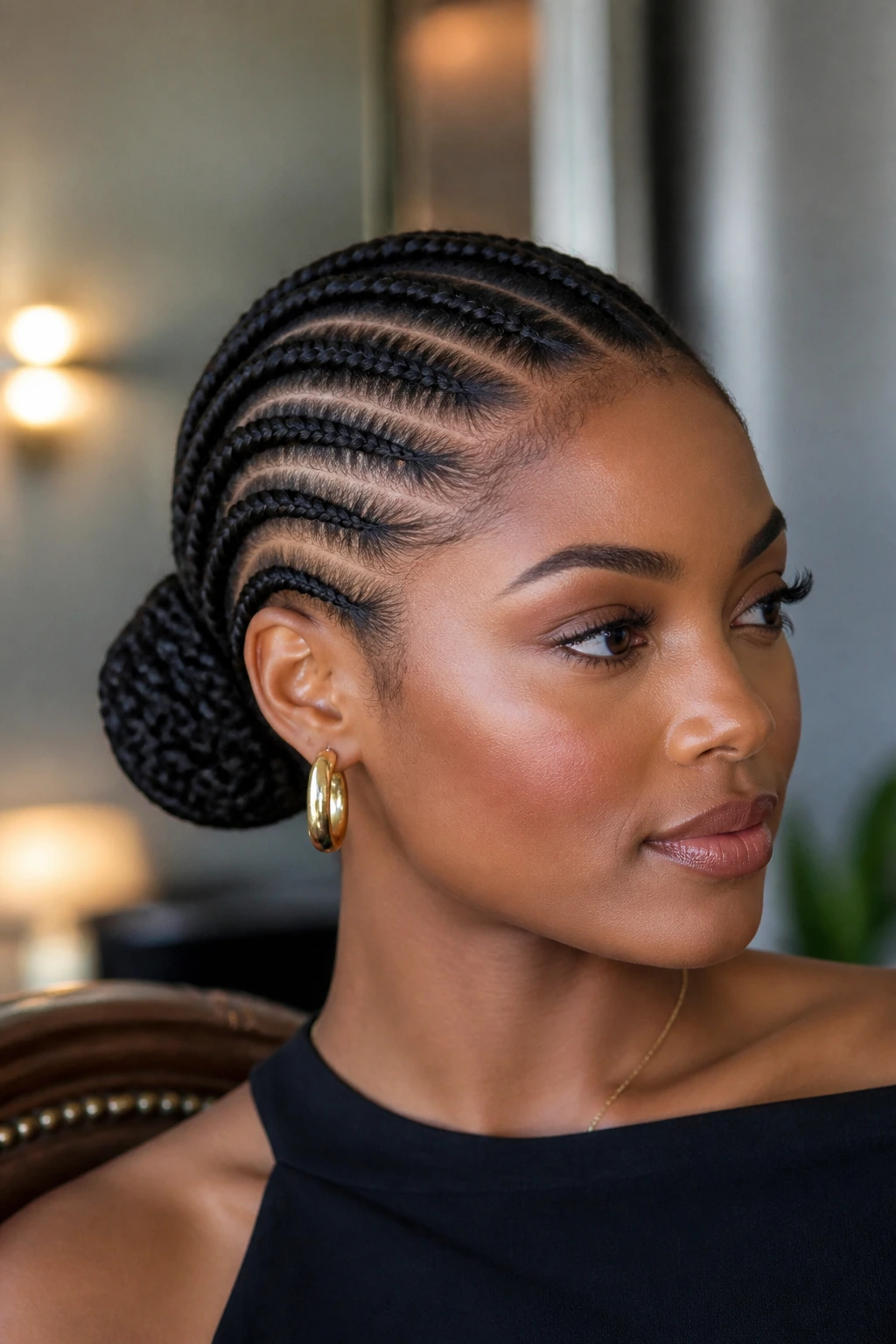 Close-up of a Black woman with side-swept cornrows into a bun behind the ear