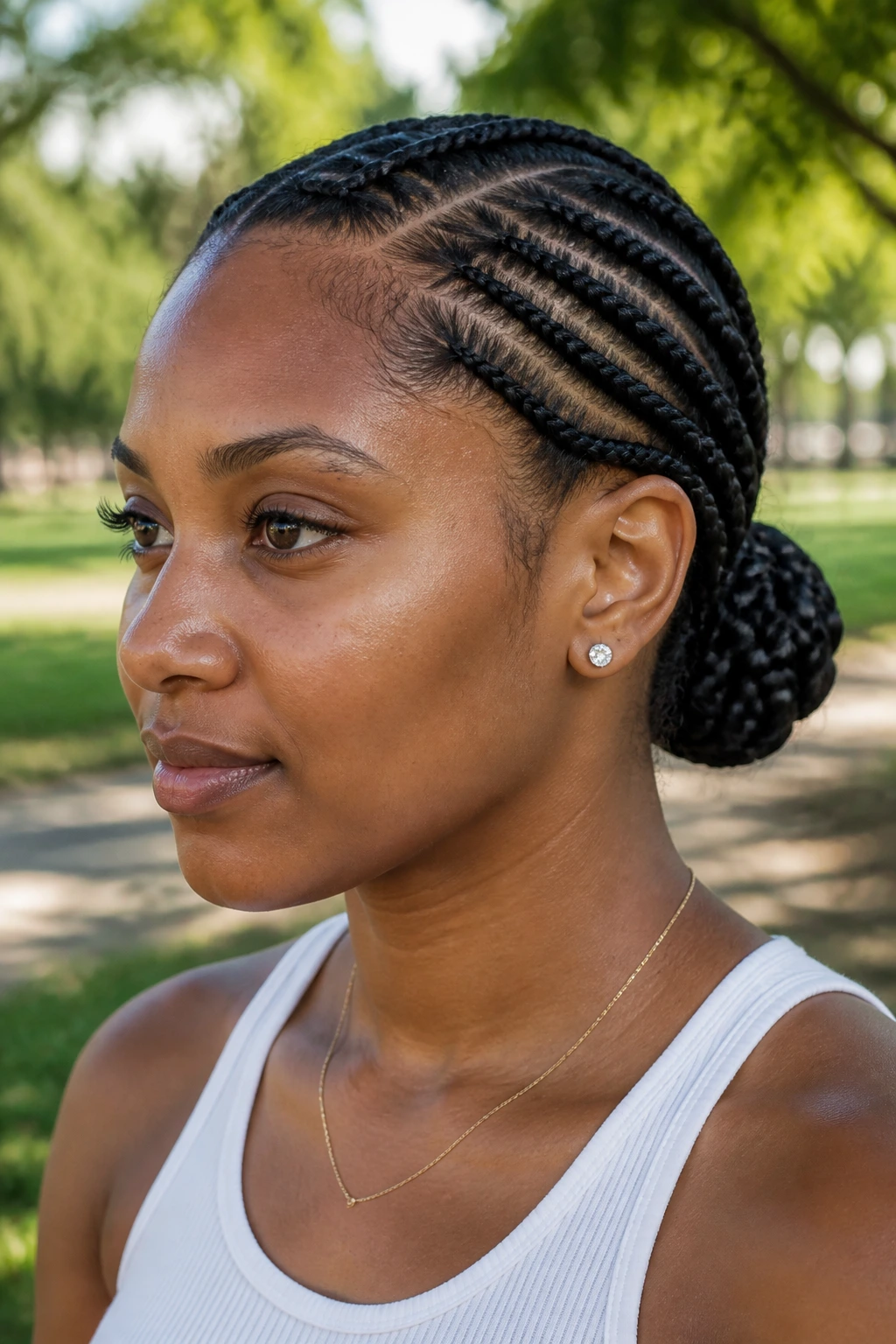 Close-up of a real woman with a side-part cornrow leading into a low bun outdoors