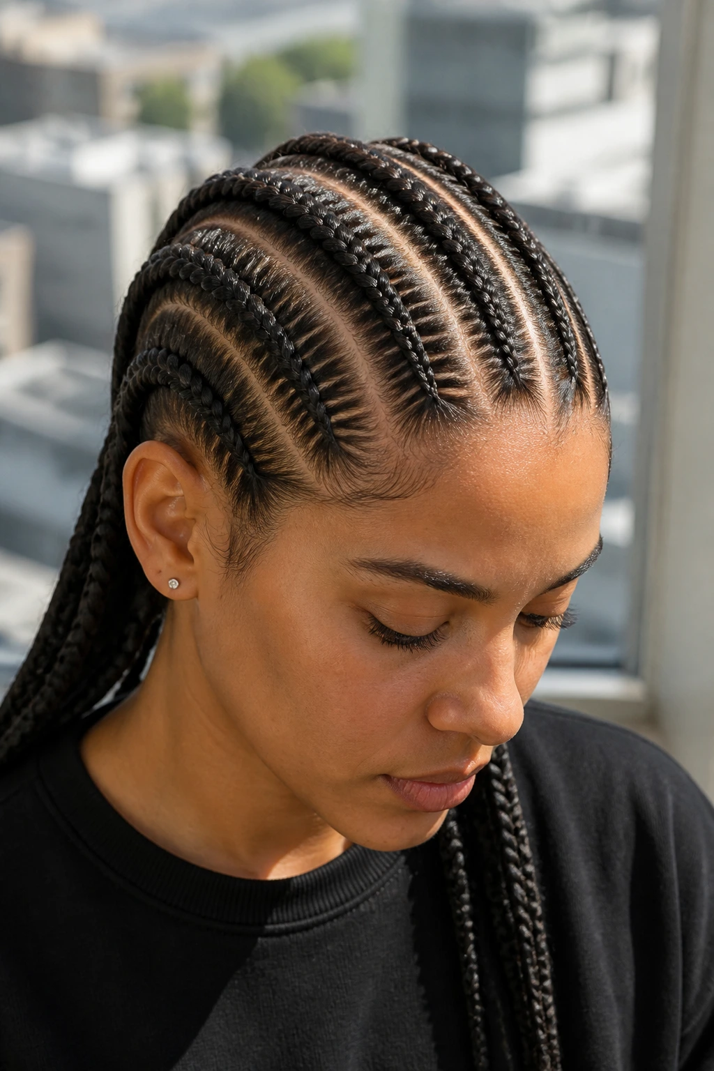 Close-up of polished cornrows with precise part lines on a real person.