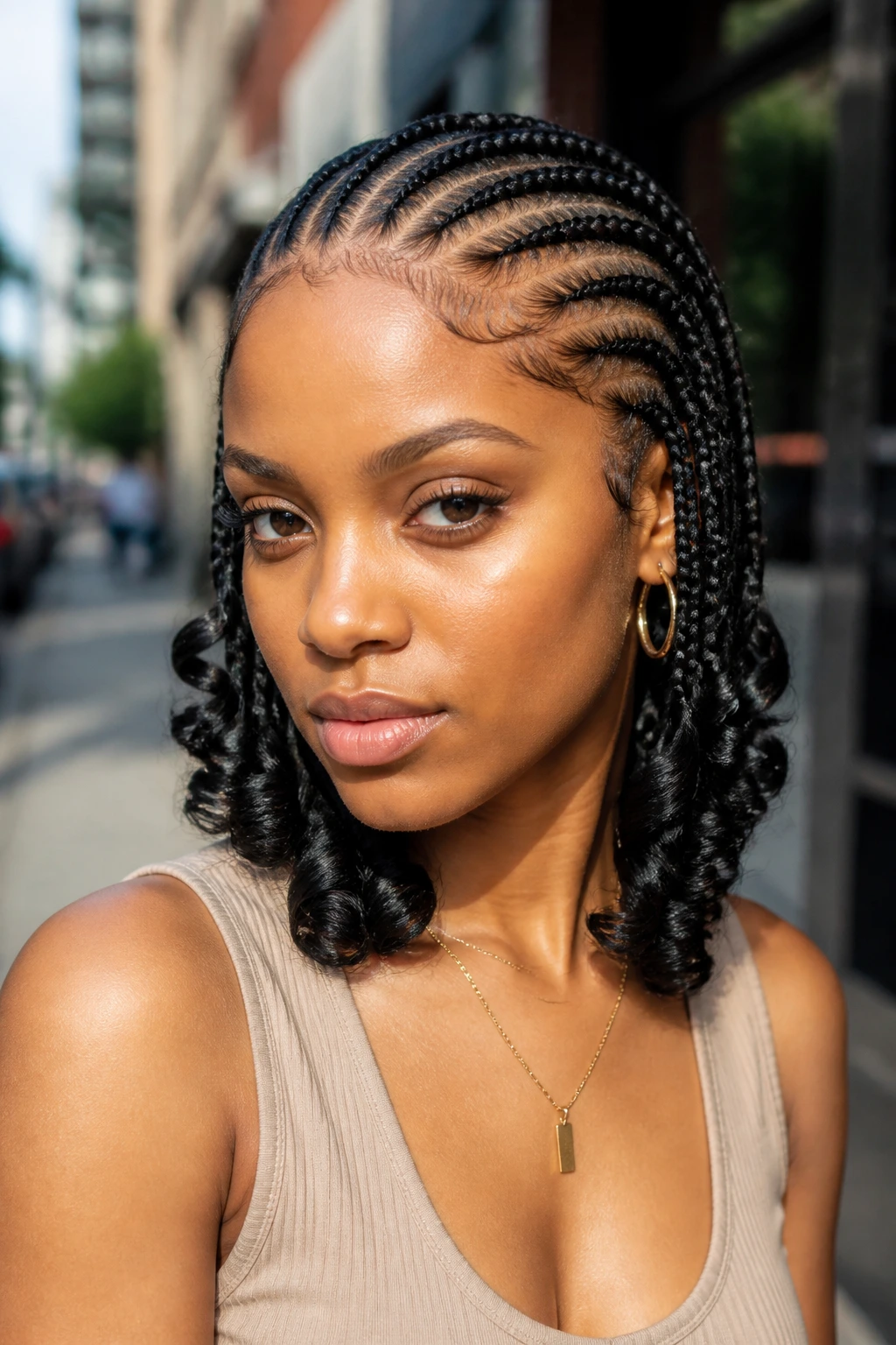 Close-up of cornrows with curled ends on a real person