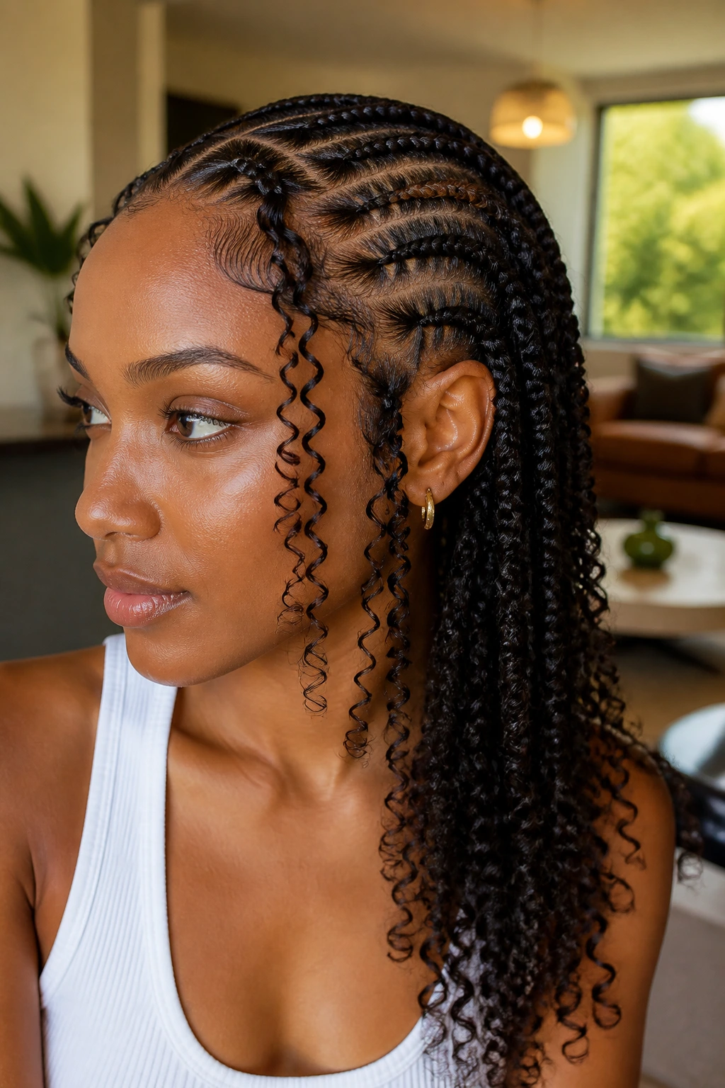 Cornrows ending in curly ends creating texture contrast