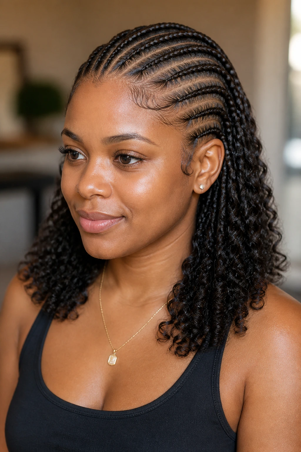 Real person with cornrows featuring curly drop ends