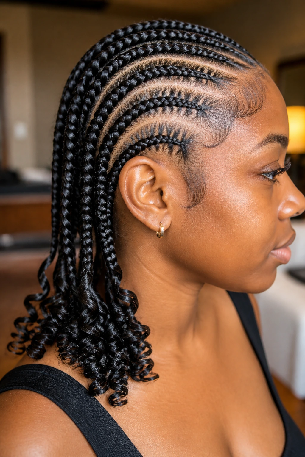 Close-up of cornrows ending in spiral curls on a real woman's head in a softly lit indoor space.