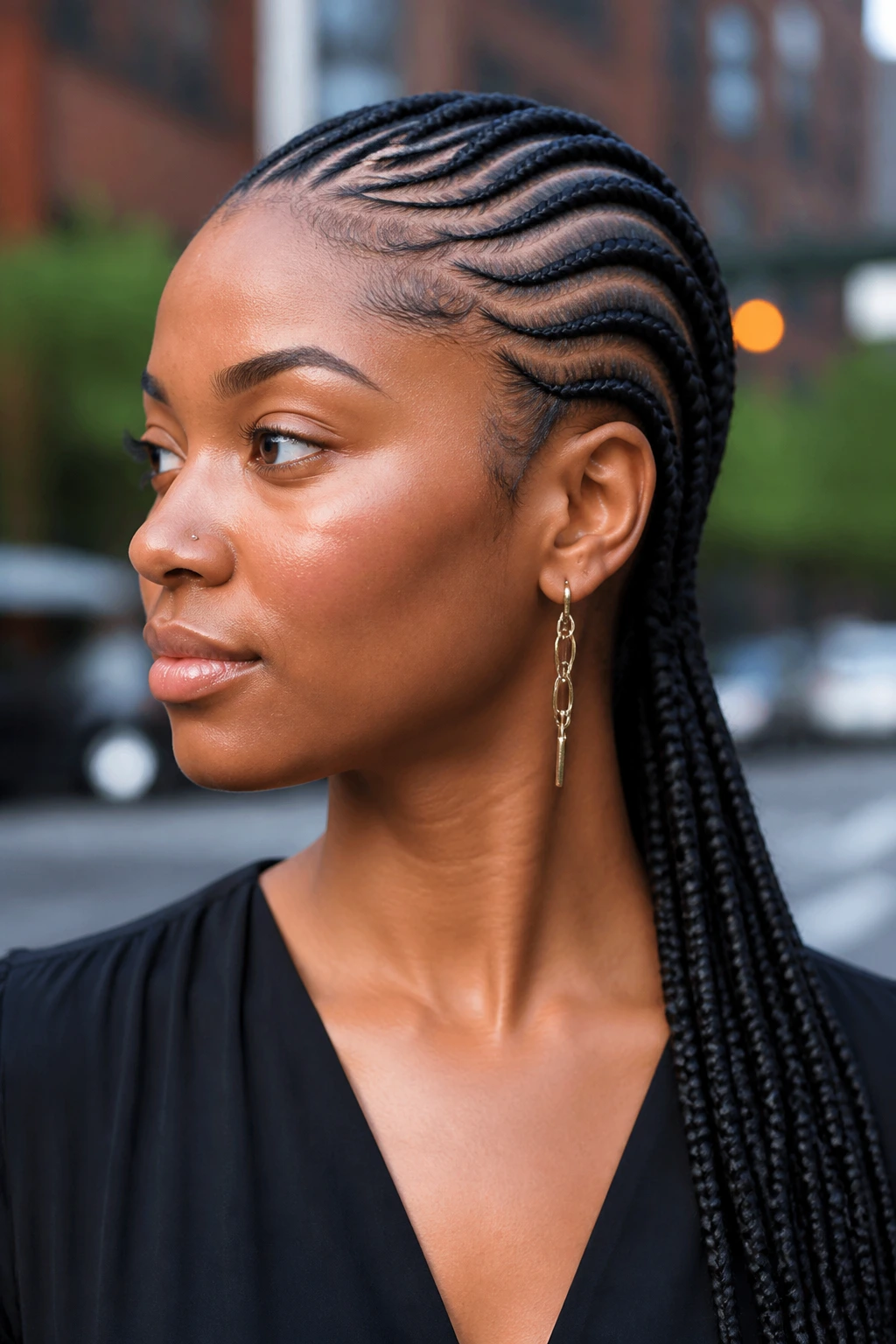 Close-up of cornrow hairstyle tailored to different face shapes.