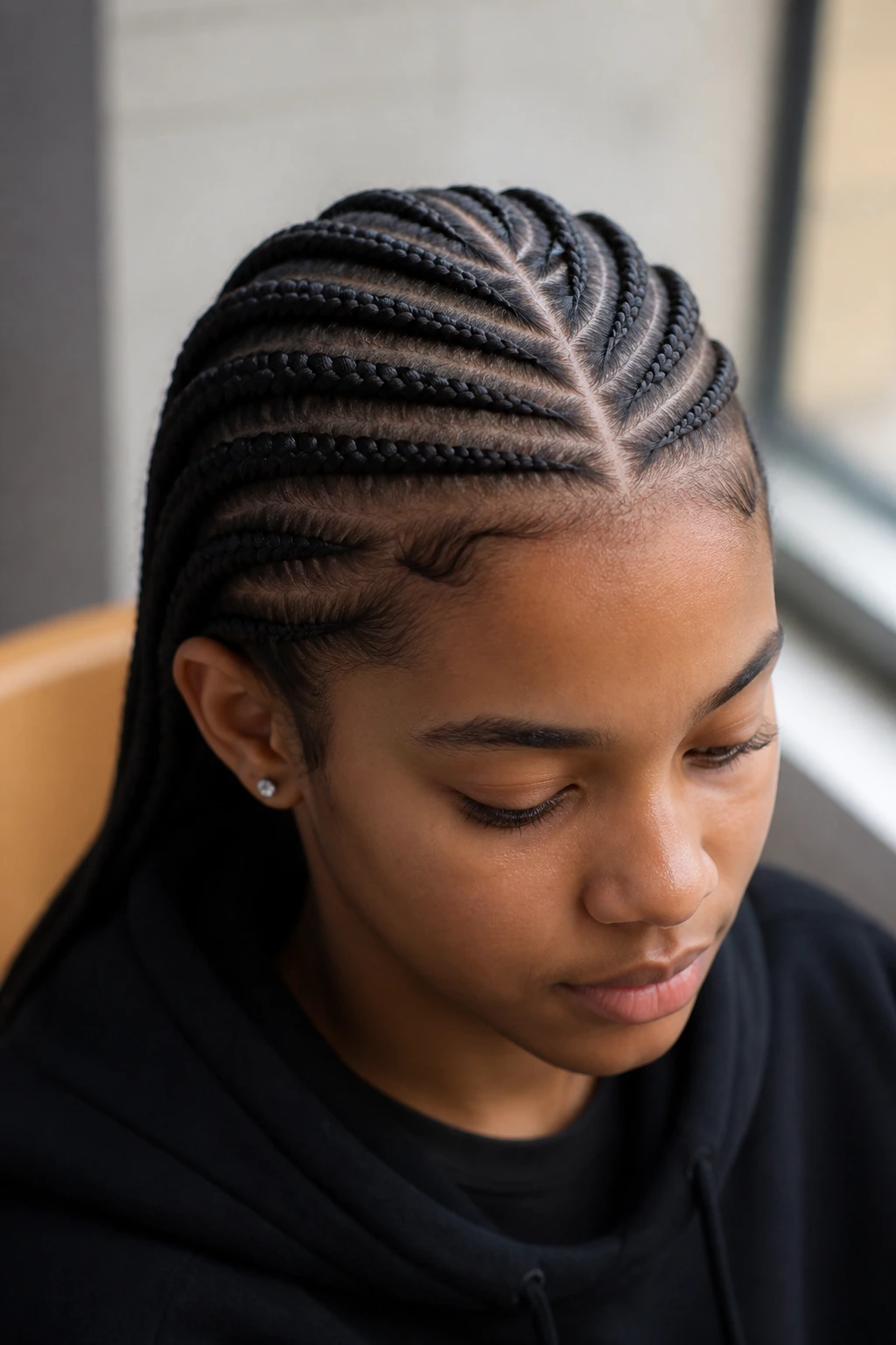 Close-up of feed-in cornrows with center part on real student