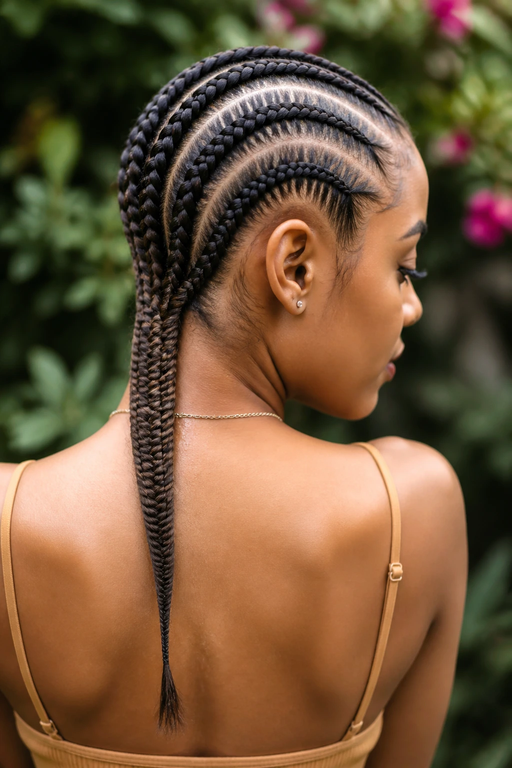 Close-up of cornrows feeding into a slender fishtail tail on a real woman's head in an outdoor garden.