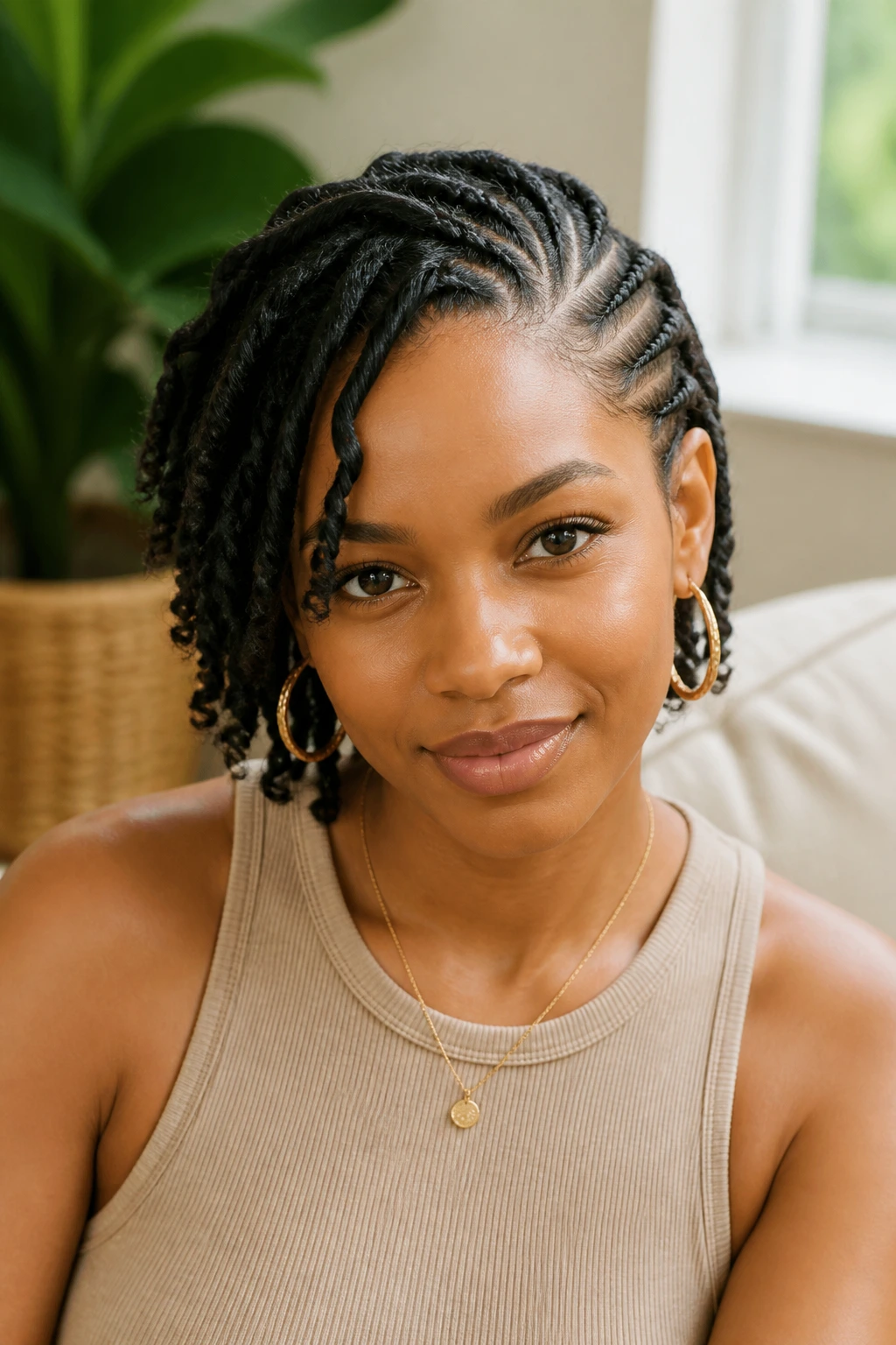 Real person with mixed cornrows and flat twists