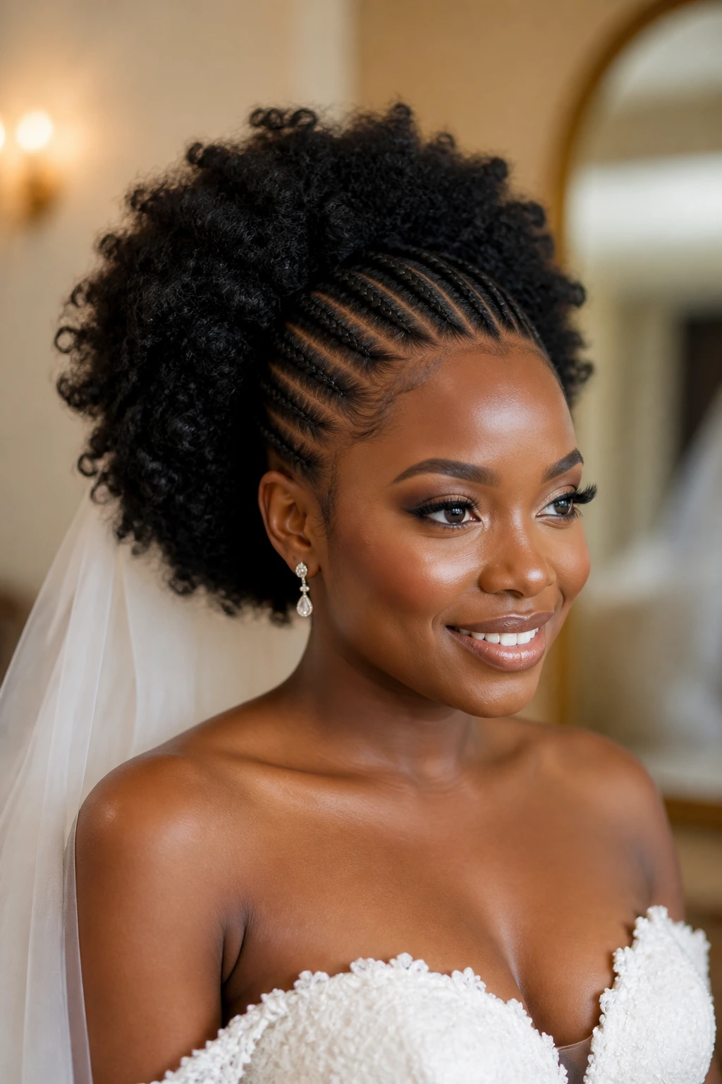 Real bride with front cornrows and a fro halo captured in natural bridal light