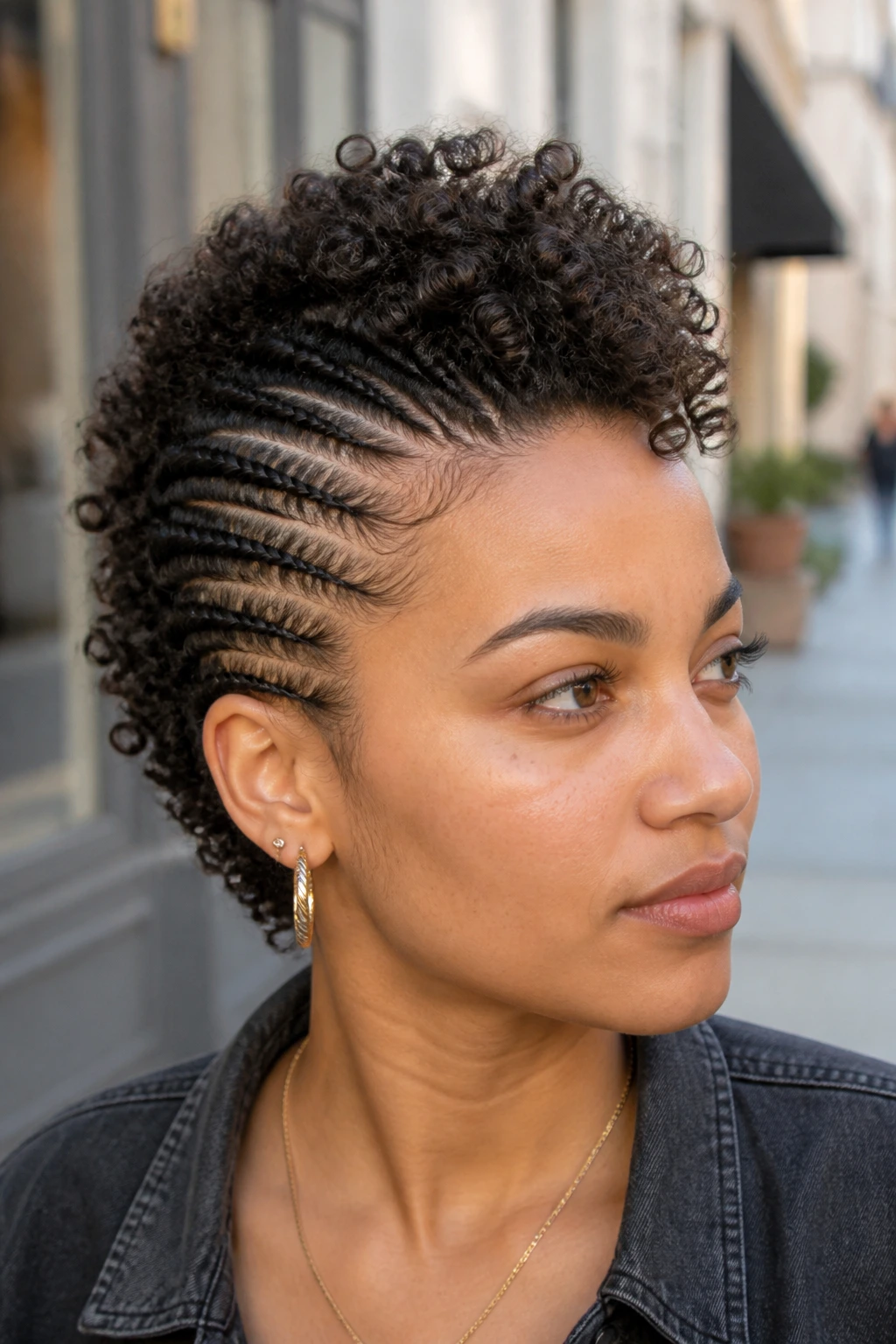 Close-up of side-cornrow frohawk on a real person in outdoor light