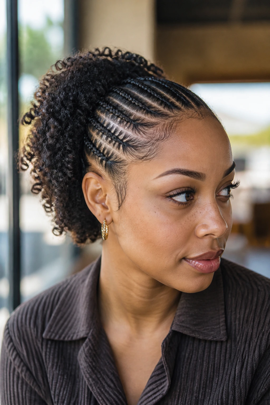 Close-up of a real woman's front cornrows with loose curls at the back