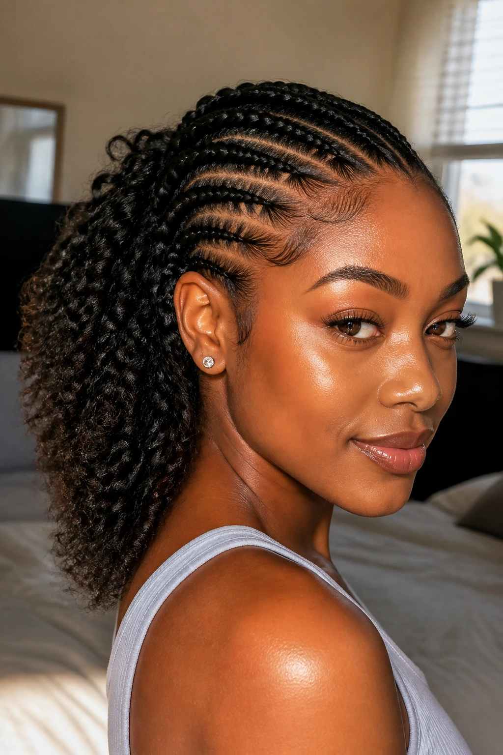 Close-up of a real Black woman with cornrows in front and loose curls in back.