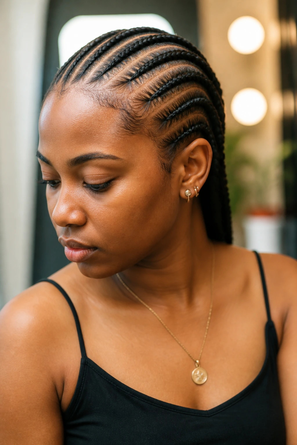 Close-up of cornrows with subtle gel and minimal accessories on a real person.