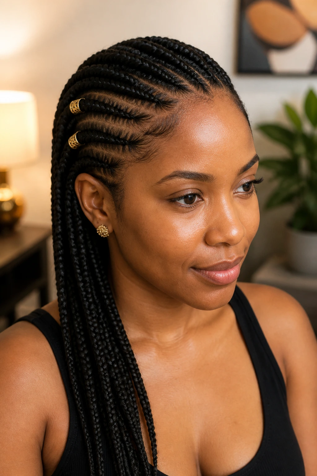 Close-up of a woman with side cornrows and gold cuffs