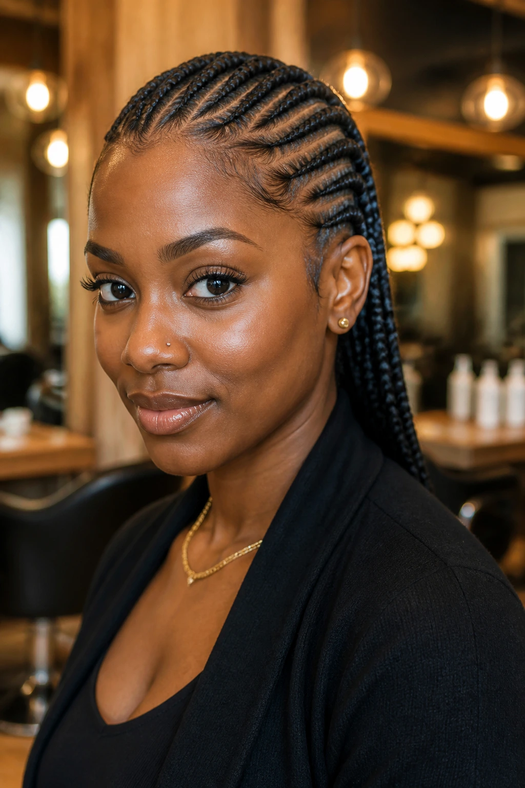 Close-up portrait of a Black woman with cornrows in a warm salon