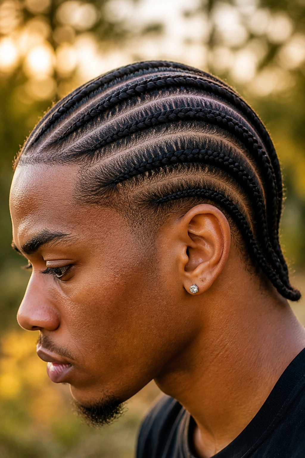 Portrait of a person with cornrows along the scalp