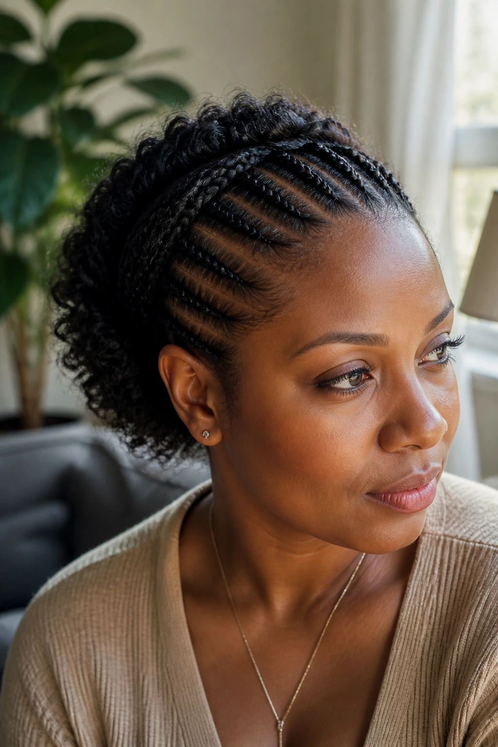 Portrait of person with cornrow halo and brushed-out curls in a sunlit living room