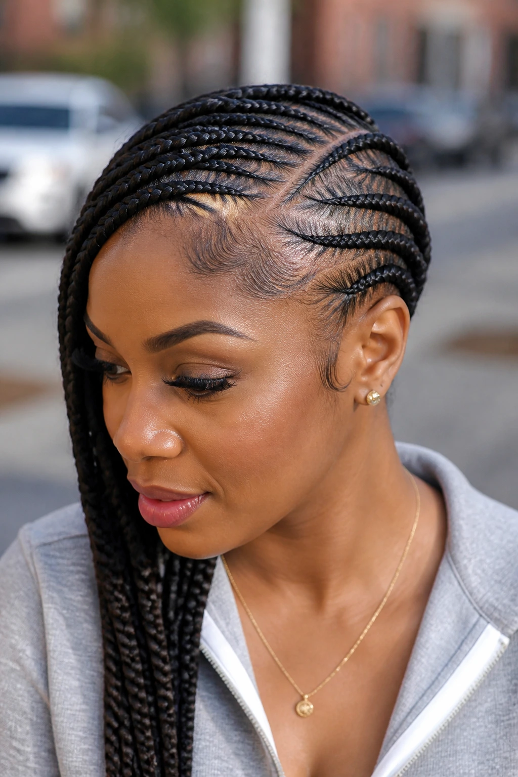 Close-up of hidden side-part cornrows on a real woman's head in an outdoor setting.