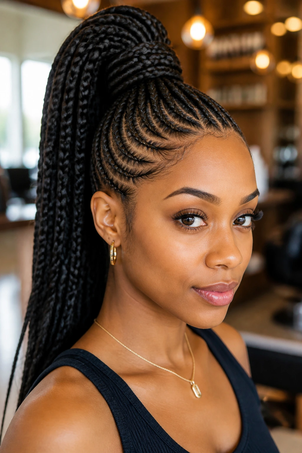 Close-up of a woman with cornrows in a high ponytail in a stylish salon