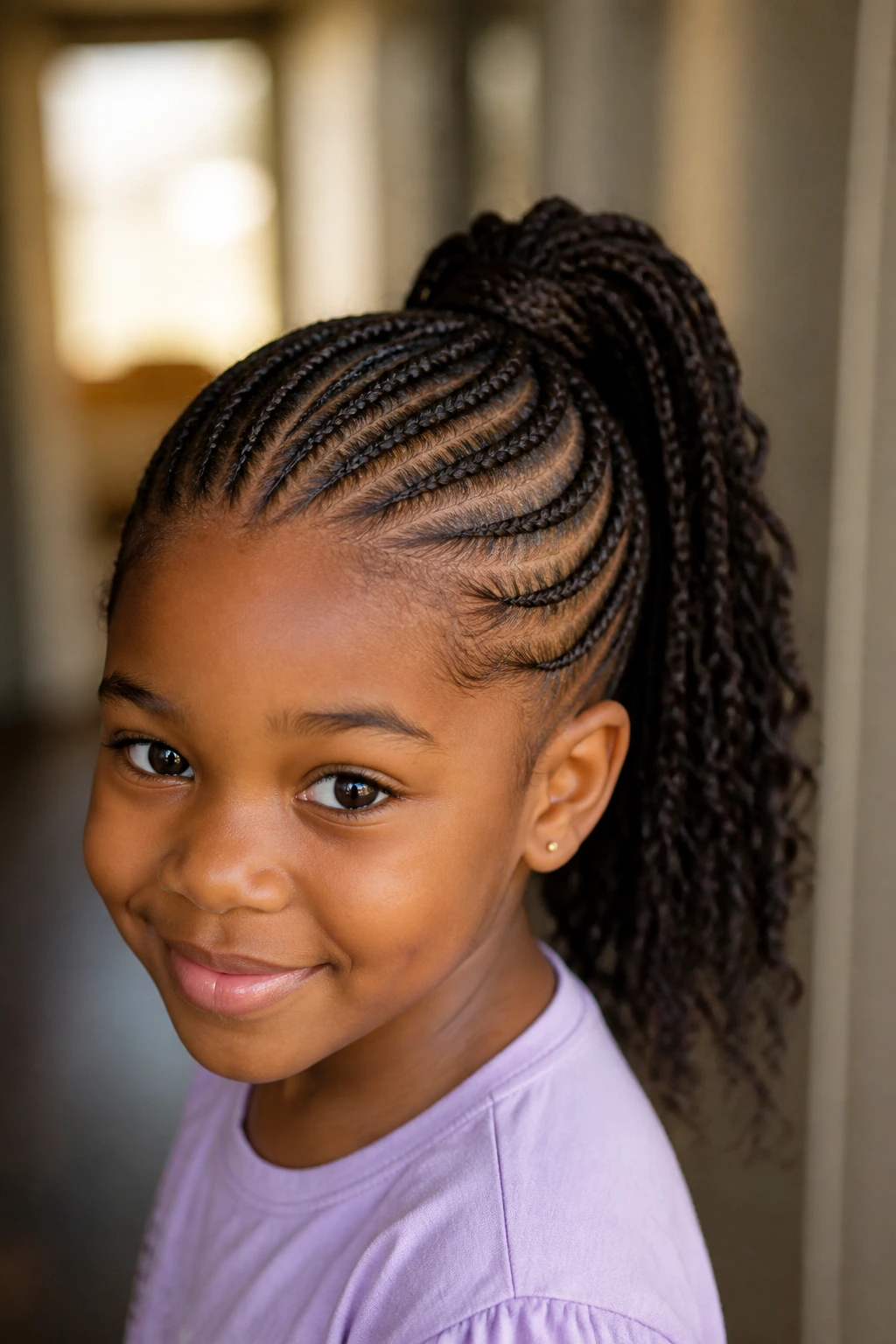 Close-up of a child with cornrows leading into a high ponytail