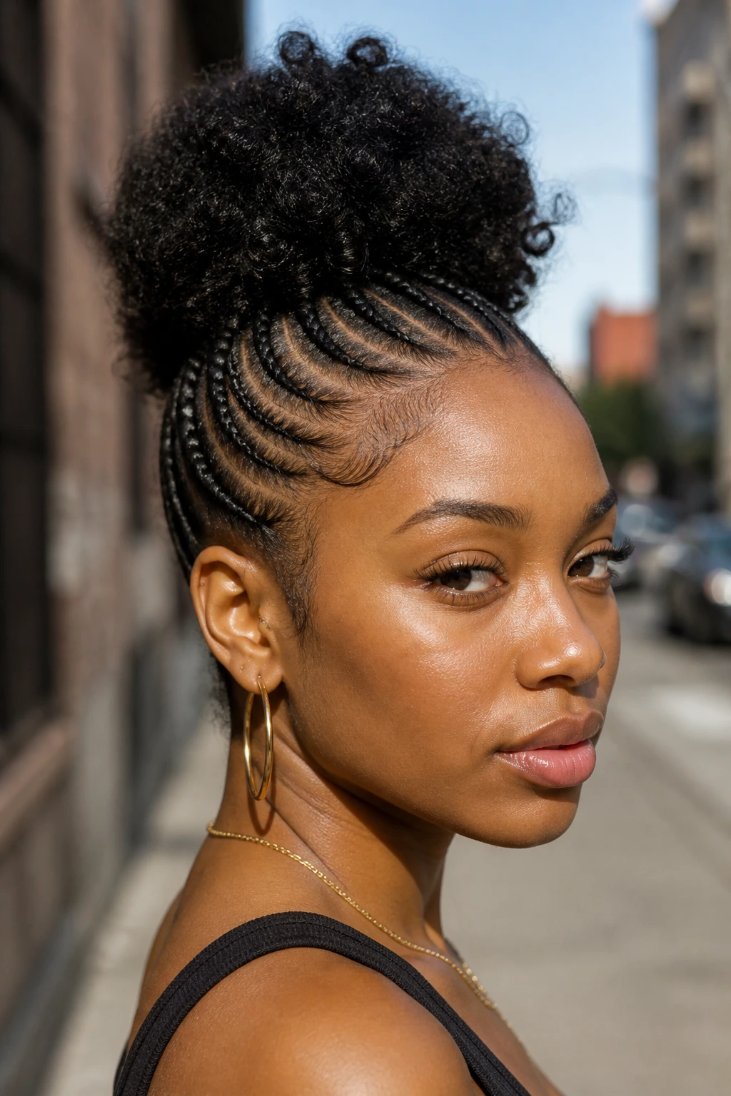 Portrait of a woman with cornrows flowing into a high puff at the crown.
