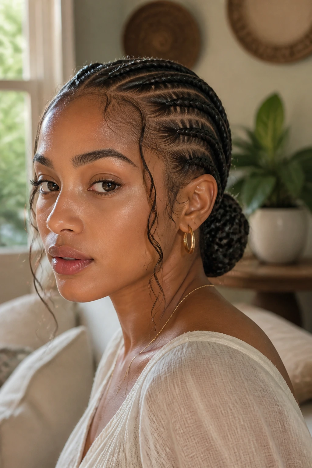 Close-up of a real woman with a cornrow low bun and wispy pieces in a boho-lit setting