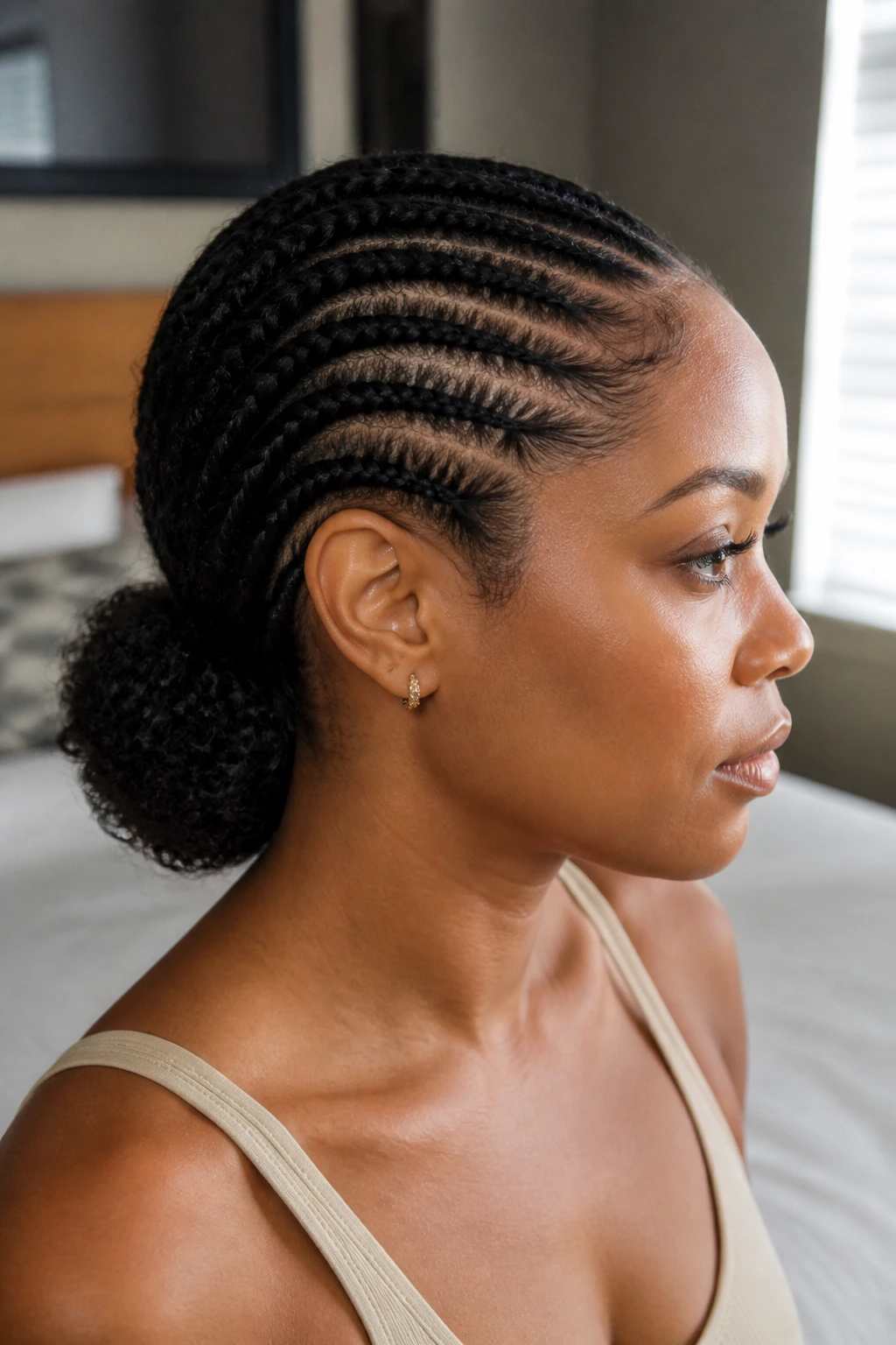 Close-up of side cornrows pulled into a low puff at the nape