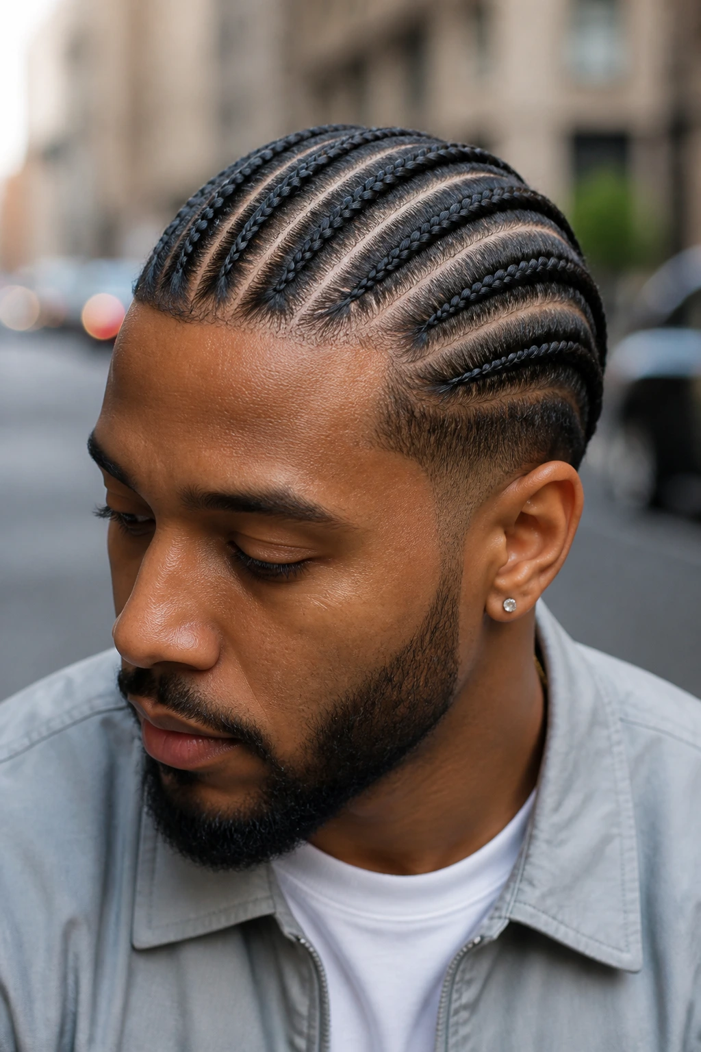 Close-up of a man with straight-back cornrows.