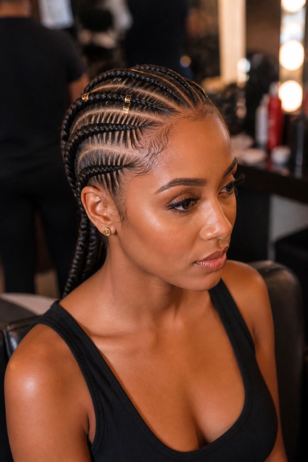 Close-up portrait of a real woman with cornrows and metal cuffs