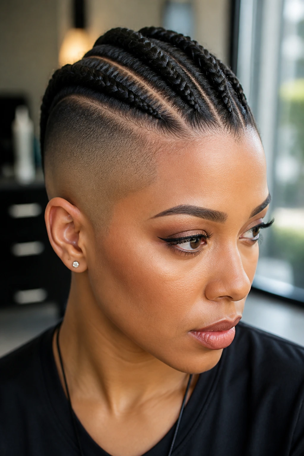 Portrait of a woman with a cornrow mohawk and shaved sides