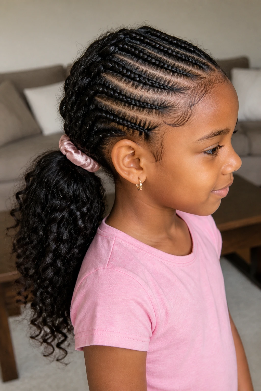 Child with side cornrows flowing into curly ponytail