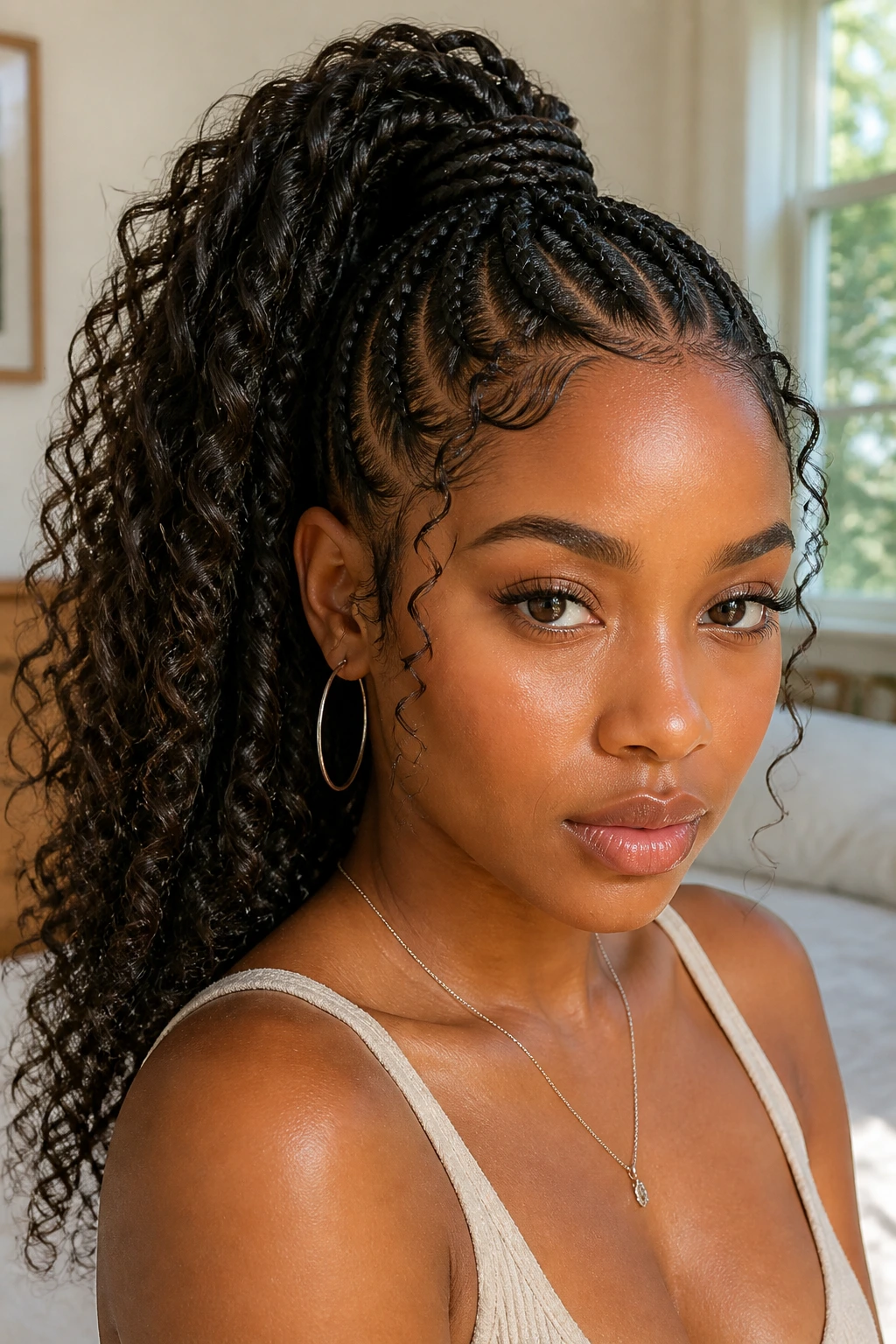 Close-up of a real woman with high cornrow ponytail and curly extensions in natural light