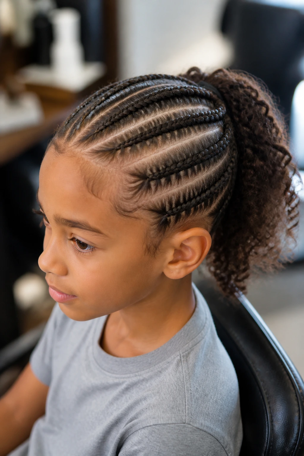 Close-up portrait of a real child with cornrows feeding into a back ponytail, highlighting braids and ponytail.
