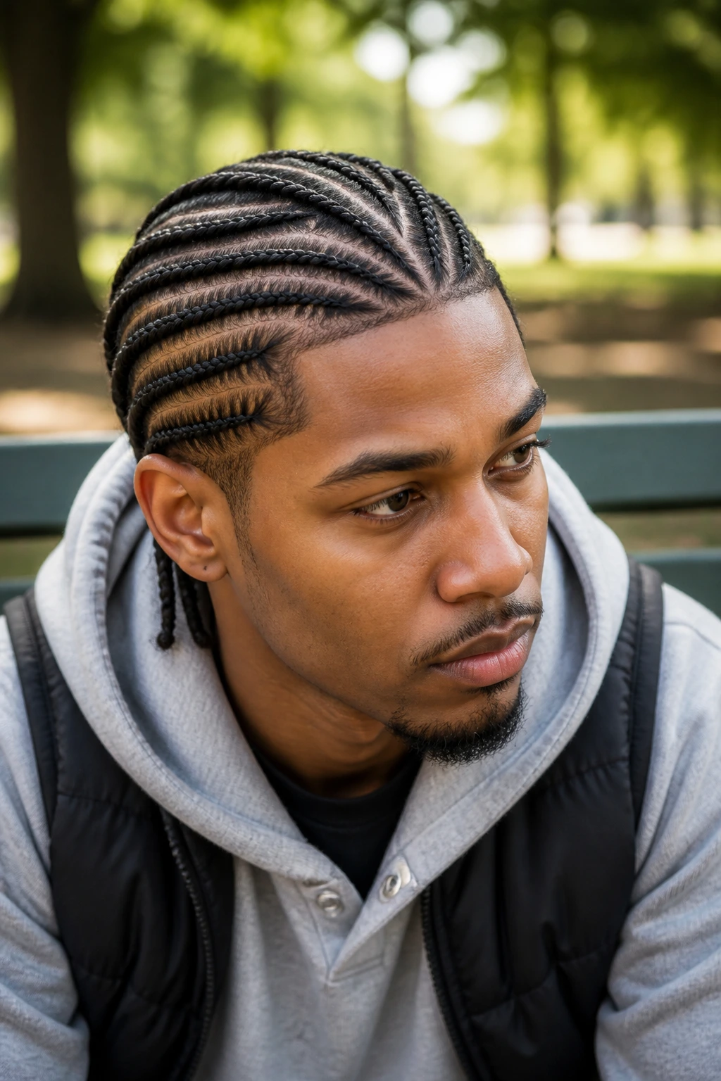 Portrait of a person with cornrows, close-up.