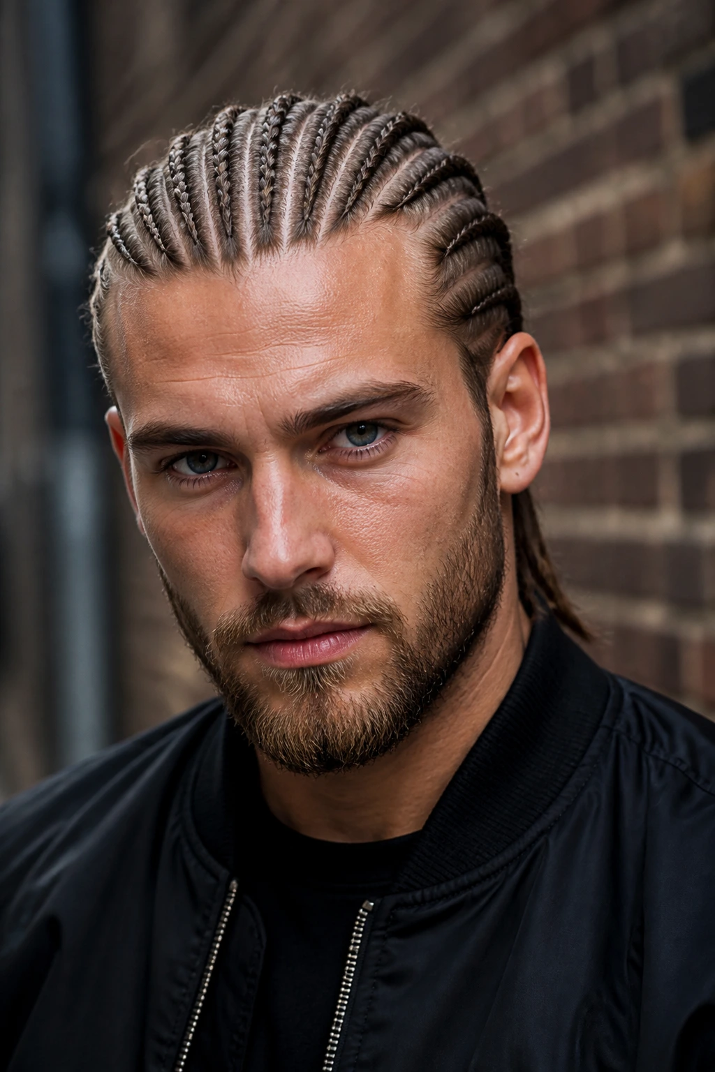 Close-up portrait of a man with cornrows against a brick wall in daylight