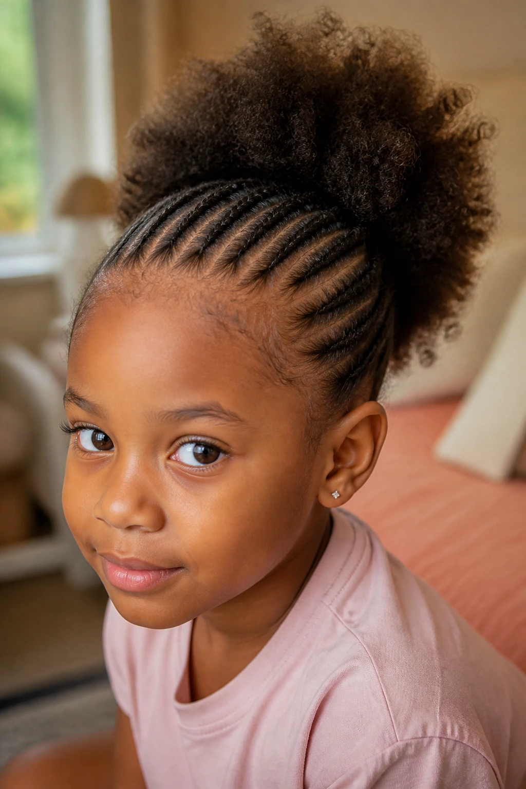 Close-up of a young girl with front cornrows transitioning into an airy puff in a warm bedroom.