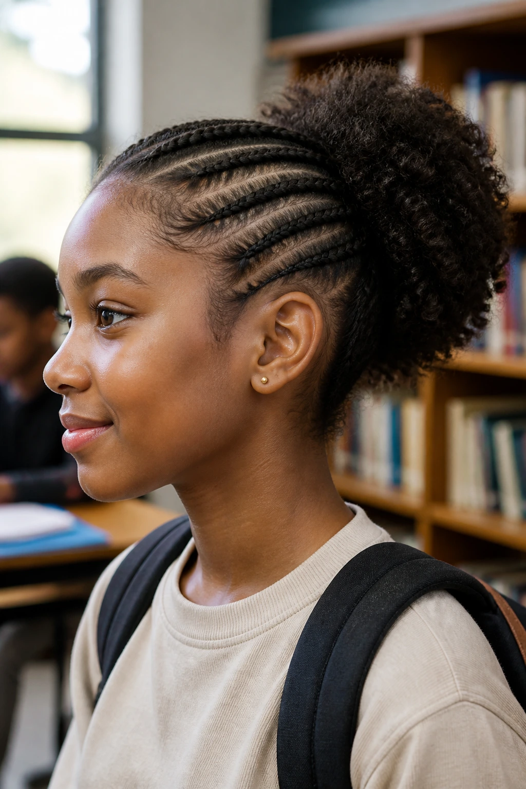 Portrait of a real student with side cornrows and a back puff in a school setting