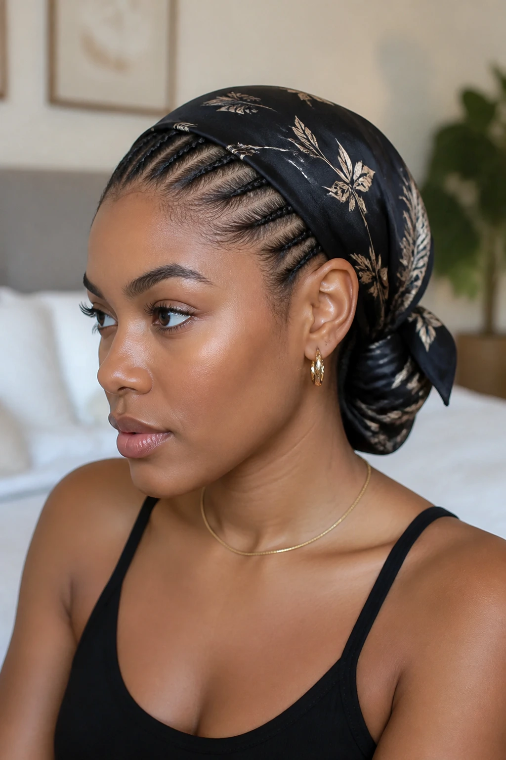 Real woman wearing satin scarf over cornrows in a bedroom