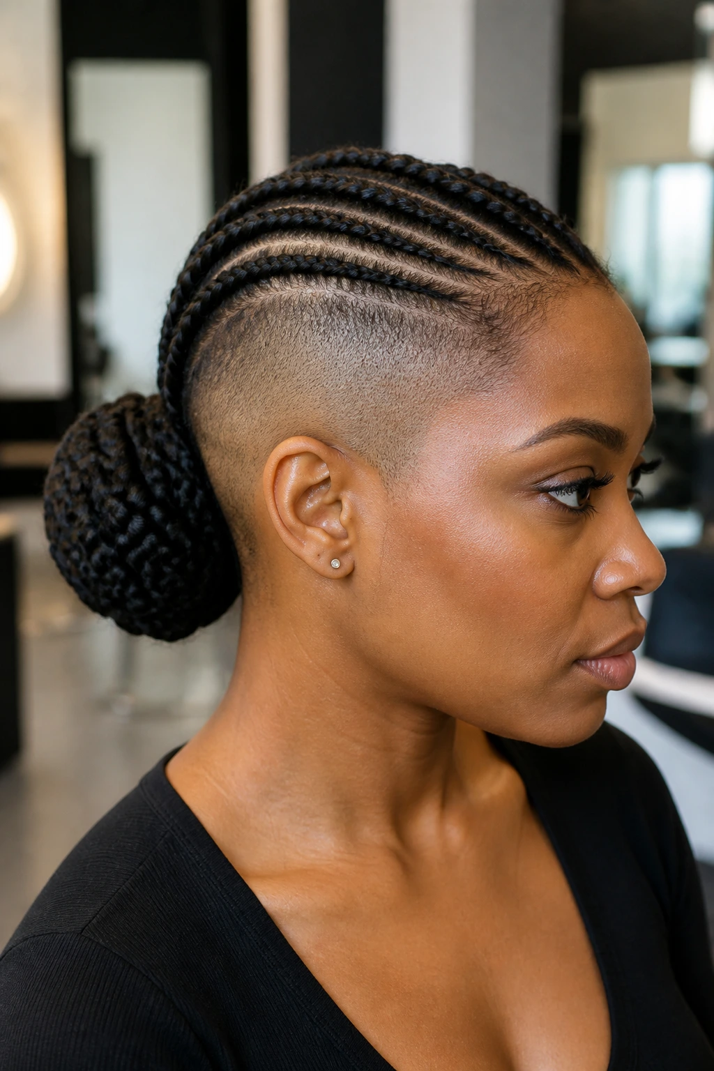 Real woman with cornrows and a side-shaved bun