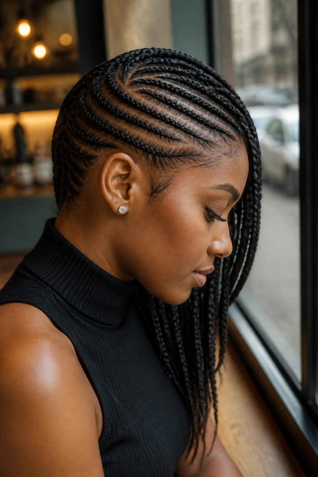 Profile view of a real woman with side-swept cornrows in a cafe setting